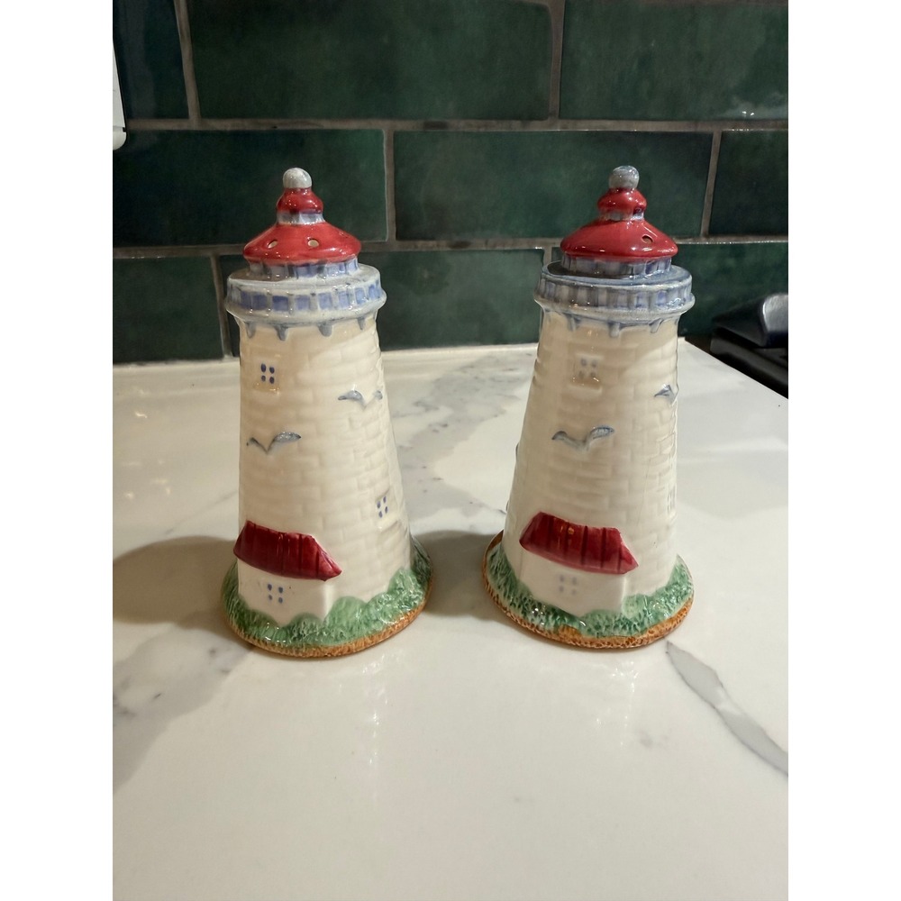 Lighthouse Salt and Pepper Shakers Ceramic Hand Painted Set